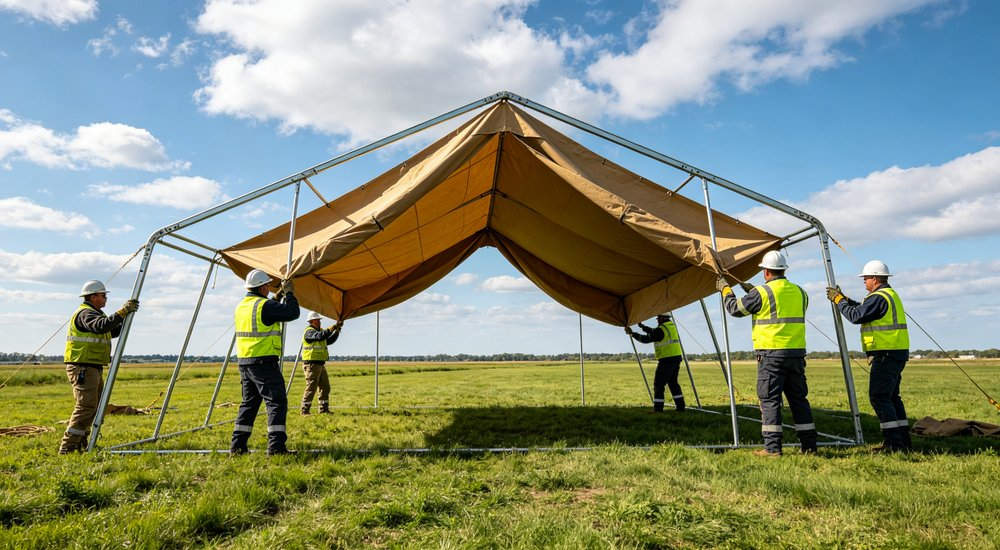 Wide panoramic view of a large humanitarian relief camp with dozens of emergency tents organized in neat rows demonstrating scale of disaster response operations