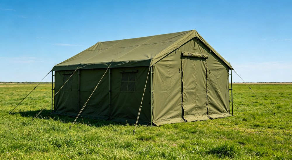 Closeup exterior detail showing reinforced corner seams heavy duty waterproof fabric texture and weatherproof construction of professional emergency relief shelter