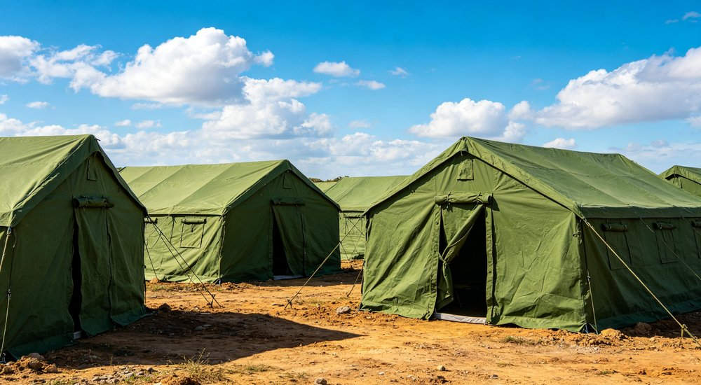 Heavy duty zippered door entrance detail showing reinforced frame weatherproof sealing strip and easy access design for emergency relief tent daily use