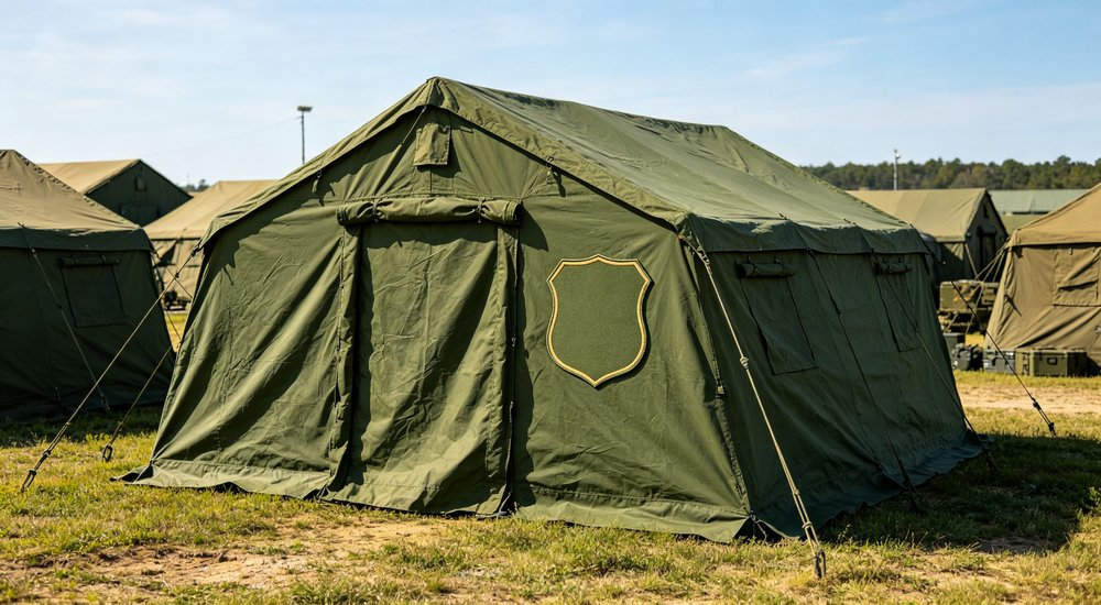 Emergency relief tent camp established after major natural disaster providing temporary shelter for hundreds of displaced families with organized sanitation and support facilities