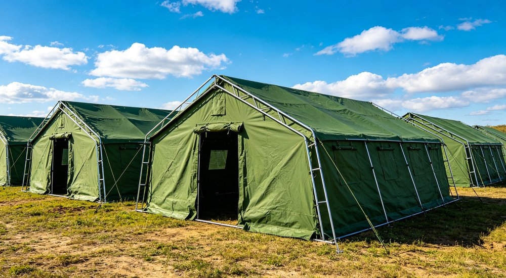 Military field base deployment showing emergency tents used for troop accommodation command posts and operational support in remote field conditions with security perimeter