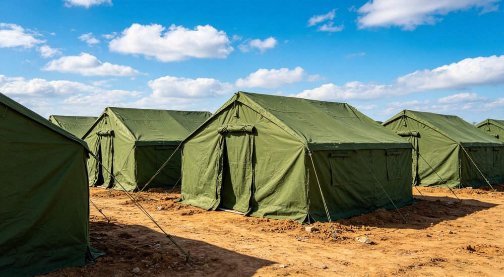 Medical rescue operation area with emergency tents serving as field treatment stations for disaster victims receiving first aid and emergency healthcare from medical teams