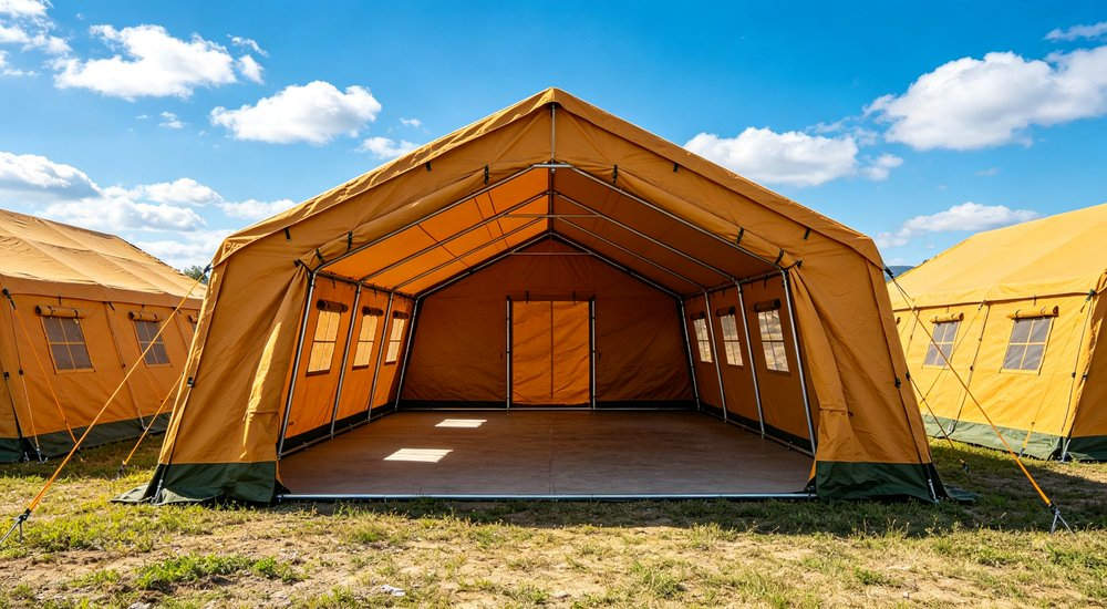Emergency relief tent standing in heavy winter snow conditions demonstrating cold weather resistance insulation performance and durability for humanitarian operations in harsh climates