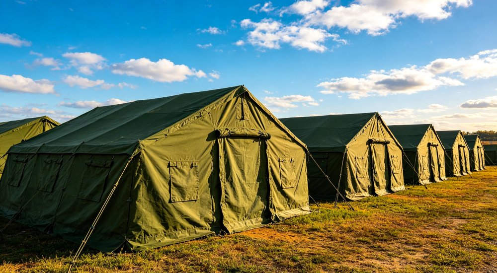 Field deployed emergency shelter showing robust frame construction waterproof material and practical design features meeting international standards for disaster response and refugee accommodation