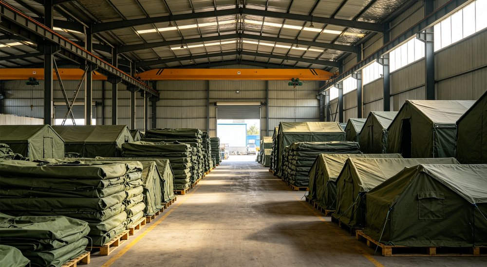Professional emergency relief tent photographed in field deployment showing sturdy construction waterproof fabric and steel frame design suitable for disaster response and humanitarian aid operations