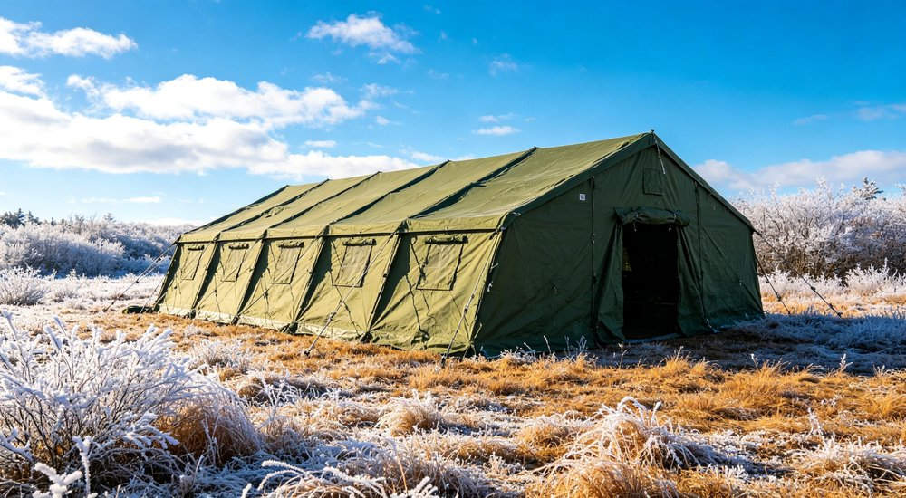 Heavy duty emergency frame tent displayed in operational setting demonstrating quick setup capability durable canvas exterior and spacious interior capacity for humanitarian relief missions