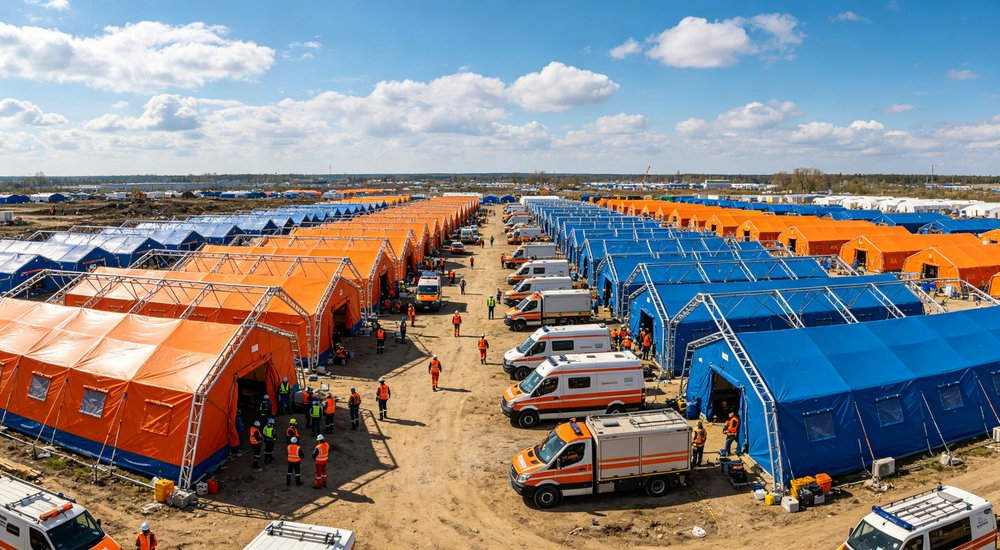 Aerial drone view showing multiple large emergency relief tents arranged in orderly rows across a disaster response camp with clear access pathways and blue sky overhead Aerial drone view showing multiple large emergency relief tents arranged in orderly rows across a disaster response camp with clear access pathways and blue sky overhead