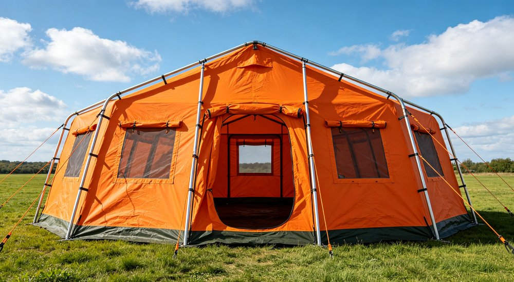 Front entrance view of a heavy duty emergency relief tent displaying the reinforced door frame sturdy zipper entrance and professional military grade construction quality