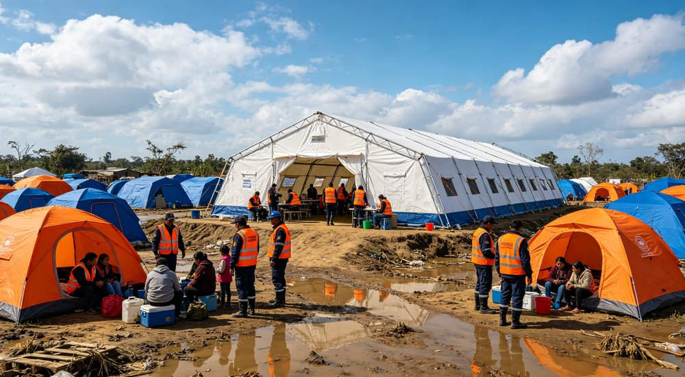 Emergency relief tent deployed in an active earthquake disaster zone providing immediate shelter for affected families with response teams working in the surrounding area