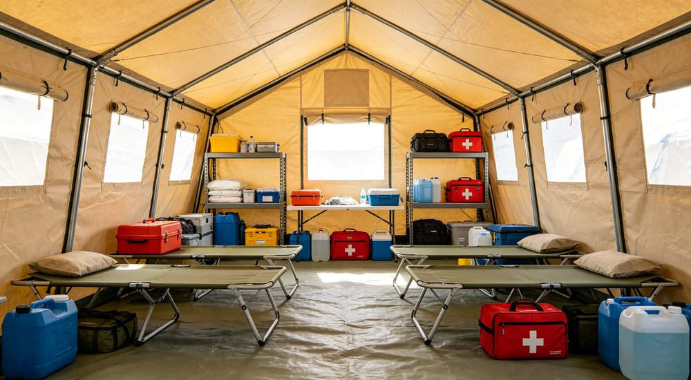 Interior view of a spacious emergency relief tent showing adequate headroom natural lighting through windows and organized living space for displaced family accommodation