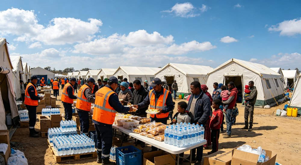 Wide panoramic view of a large humanitarian relief camp with dozens of emergency tents organized in neat rows demonstrating scale of disaster response operations