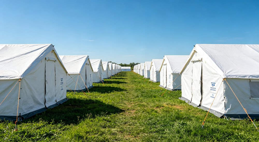 Closeup exterior detail showing reinforced corner seams heavy duty waterproof fabric texture and weatherproof construction of professional emergency relief shelter