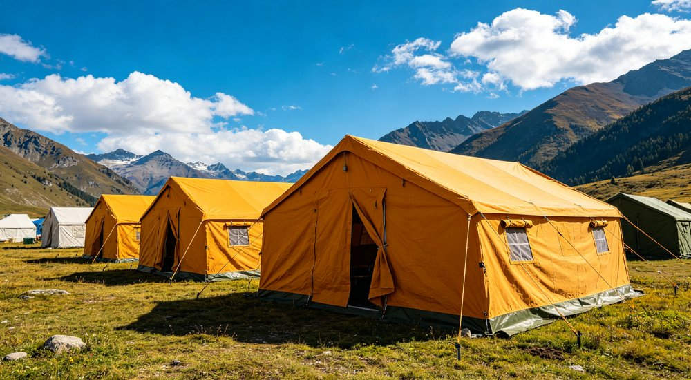 Professional emergency relief tent photographed in field deployment showing sturdy construction waterproof fabric and steel frame design suitable for disaster response and humanitarian aid operations