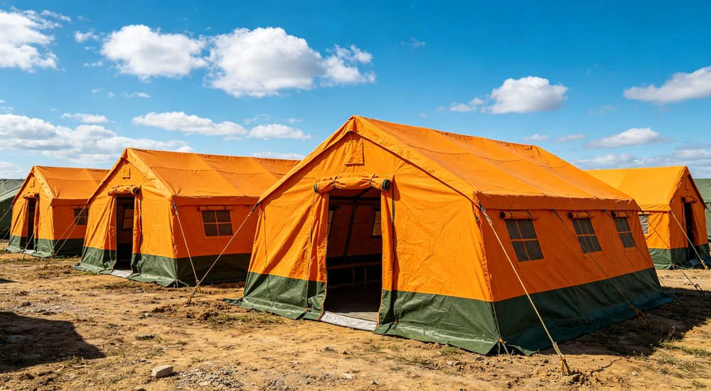 Large emergency shelter tent installed at disaster relief site providing weatherproof accommodation for affected populations with reinforced structure and quality materials visible Large emergency shelter tent installed at disaster relief site providing weatherproof accommodation for affected populations with reinforced structure and quality materials visible