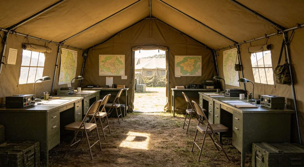 Heavy duty emergency frame tent displayed in operational setting demonstrating quick setup capability durable canvas exterior and spacious interior capacity for humanitarian relief missions