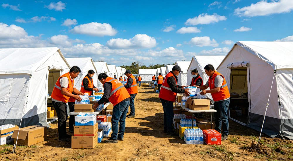Emergency relief tent camp established after major natural disaster providing temporary shelter for hundreds of displaced families with organized sanitation and support facilities