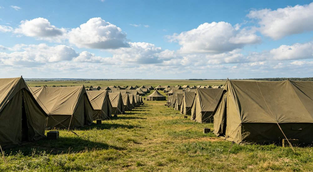 Humanitarian relief tent photographed at aid distribution camp providing reliable shelter with strong steel framework quality stitching and weather resistant fabric for disaster affected communities