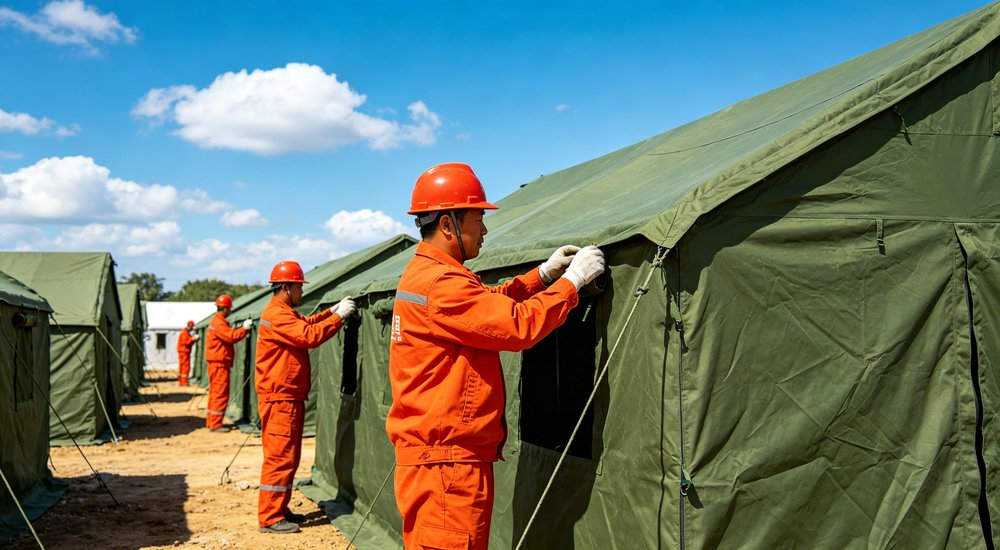 Well organized refugee camp with rows of emergency shelter tents providing dignified long term accommodation for displaced persons under international humanitarian protection standards