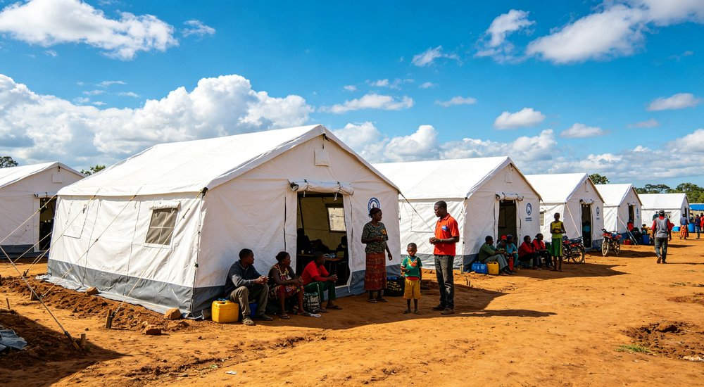 Military field base deployment showing emergency tents used for troop accommodation command posts and operational support in remote field conditions with security perimeter