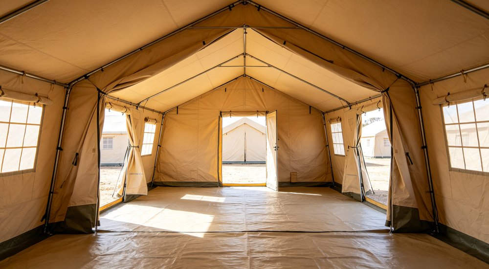 Medical rescue operation area with emergency tents serving as field treatment stations for disaster victims receiving first aid and emergency healthcare from medical teams