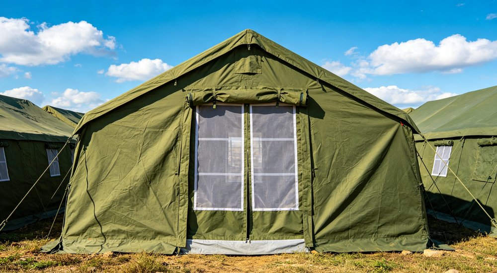 Professional emergency relief tent photographed in field deployment showing sturdy construction waterproof fabric and steel frame design suitable for disaster response and humanitarian aid operations