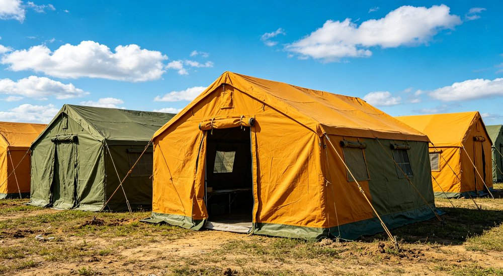 Large emergency shelter tent installed at disaster relief site providing weatherproof accommodation for affected populations with reinforced structure and quality materials visible