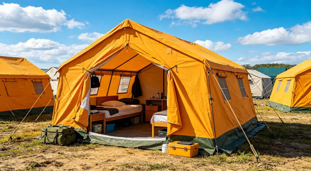 Field deployed emergency shelter showing robust frame construction waterproof material and practical design features meeting international standards for disaster response and refugee accommodation