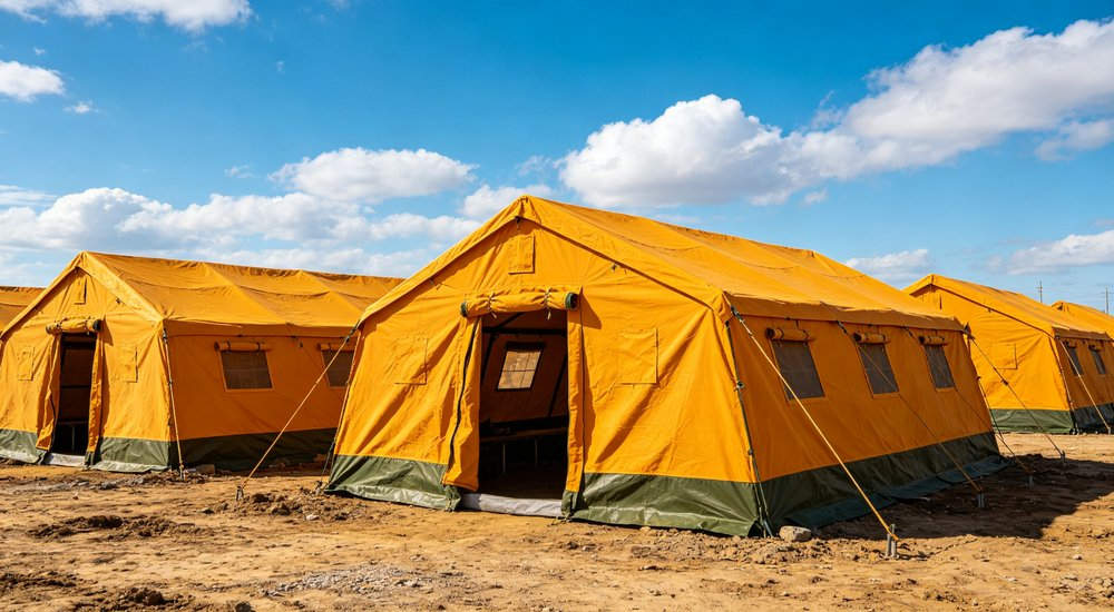Heavy duty emergency frame tent displayed in operational setting demonstrating quick setup capability durable canvas exterior and spacious interior capacity for humanitarian relief missions