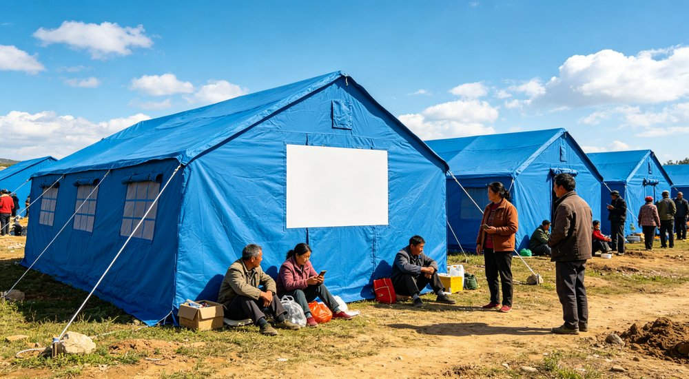 Professional emergency relief tent photographed in field deployment showing sturdy construction waterproof fabric and steel frame design suitable for disaster response and humanitarian aid operations