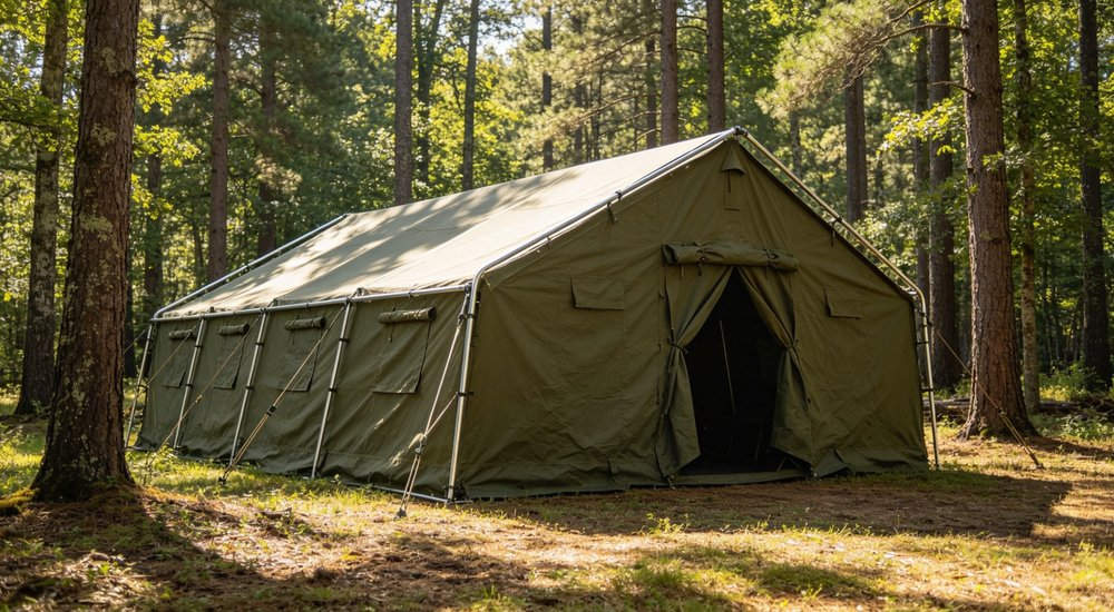 Emergency response tent captured during active deployment showing professional grade construction wind resistant frame and waterproof covering designed for long term use in challenging field conditions