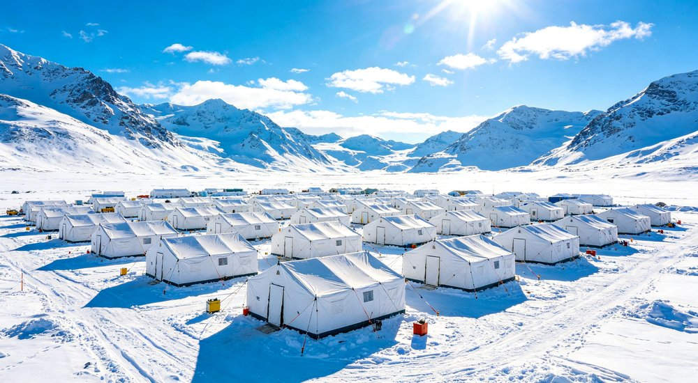 Earthquake affected region showing emergency relief tents deployed near damaged buildings providing immediate safe shelter for survivors while recovery and reconstruction work continues