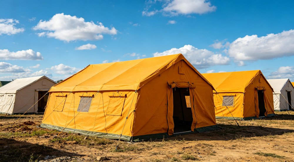 Humanitarian relief tent photographed at aid distribution camp providing reliable shelter with strong steel framework quality stitching and weather resistant fabric for disaster affected communities Humanitarian relief tent photographed at aid distribution camp providing reliable shelter with strong steel framework quality stitching and weather resistant fabric for disaster affected communities