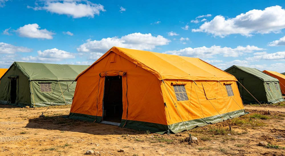 Field deployed emergency shelter showing robust frame construction waterproof material and practical design features meeting international standards for disaster response and refugee accommodation