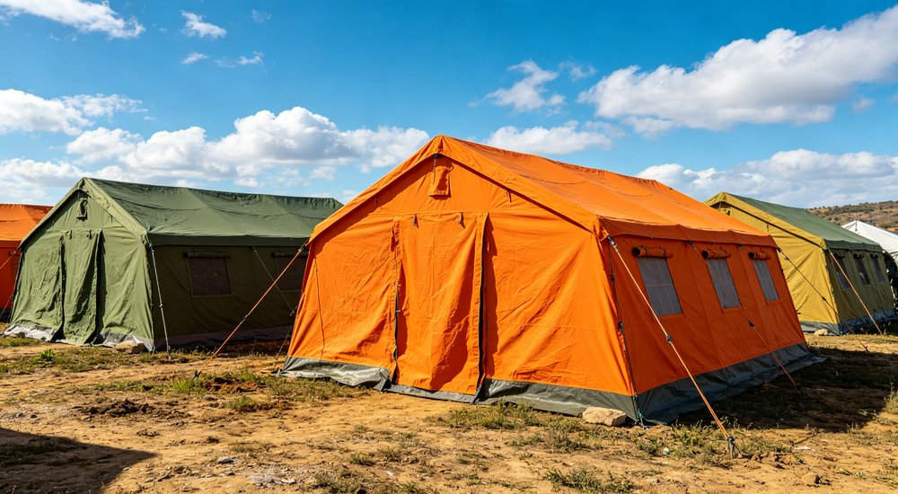 Heavy duty emergency frame tent displayed in operational setting demonstrating quick setup capability durable canvas exterior and spacious interior capacity for humanitarian relief missions