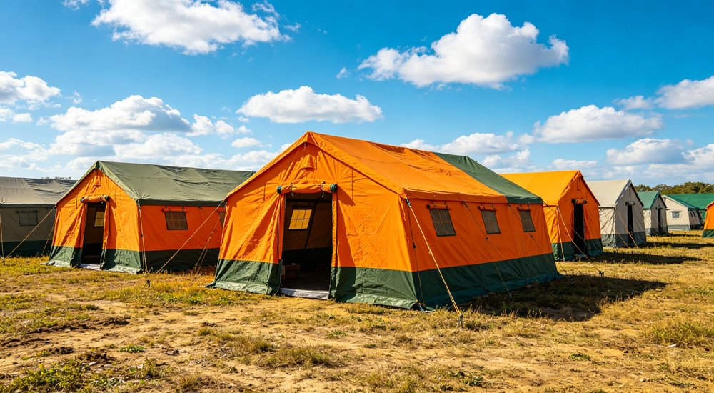 Emergency response tent captured during active deployment showing professional grade construction wind resistant frame and waterproof covering designed for long term use in challenging field conditions