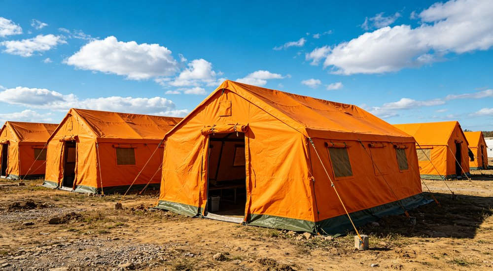 Heavy duty emergency frame tent displayed in operational setting demonstrating quick setup capability durable canvas exterior and spacious interior capacity for humanitarian relief missions