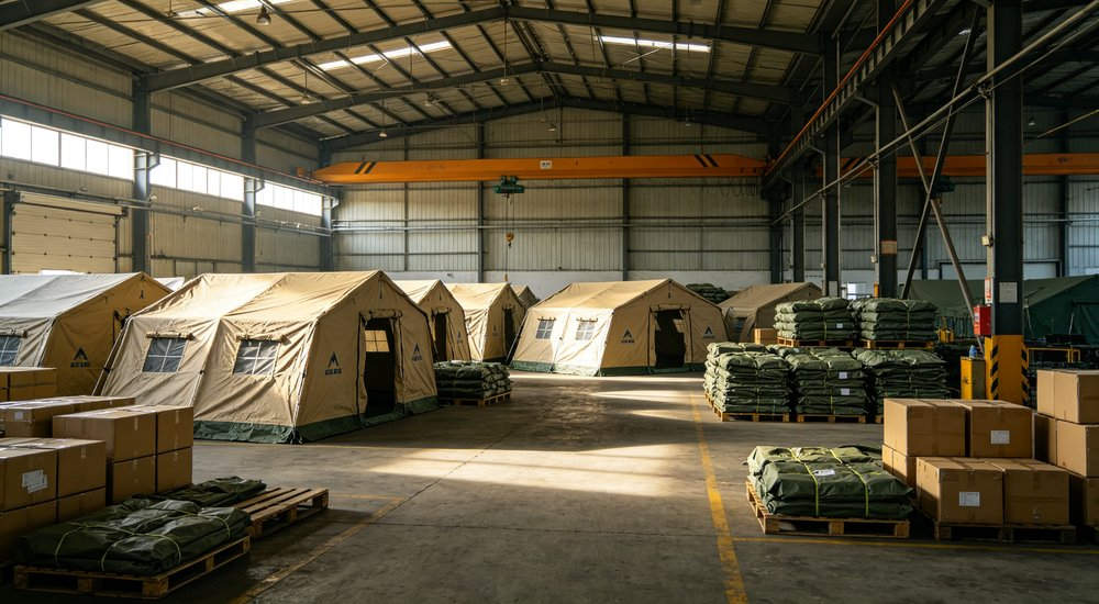 Humanitarian relief tent photographed at aid distribution camp providing reliable shelter with strong steel framework quality stitching and weather resistant fabric for disaster affected communities