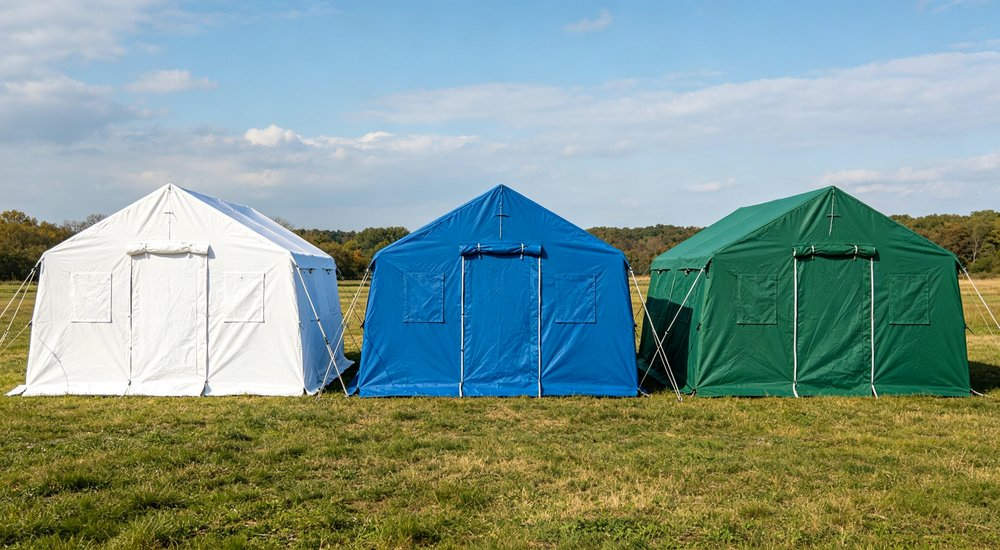 Field deployed emergency shelter showing robust frame construction waterproof material and practical design features meeting international standards for disaster response and refugee accommodation