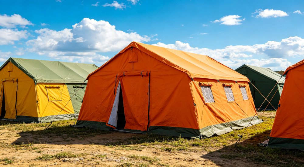 Professional emergency relief tent photographed in field deployment showing sturdy construction waterproof fabric and steel frame design suitable for disaster response and humanitarian aid operations