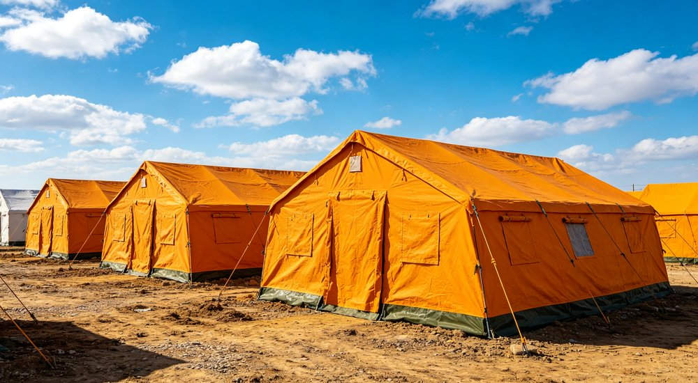 Humanitarian relief tent photographed at aid distribution camp providing reliable shelter with strong steel framework quality stitching and weather resistant fabric for disaster affected communities