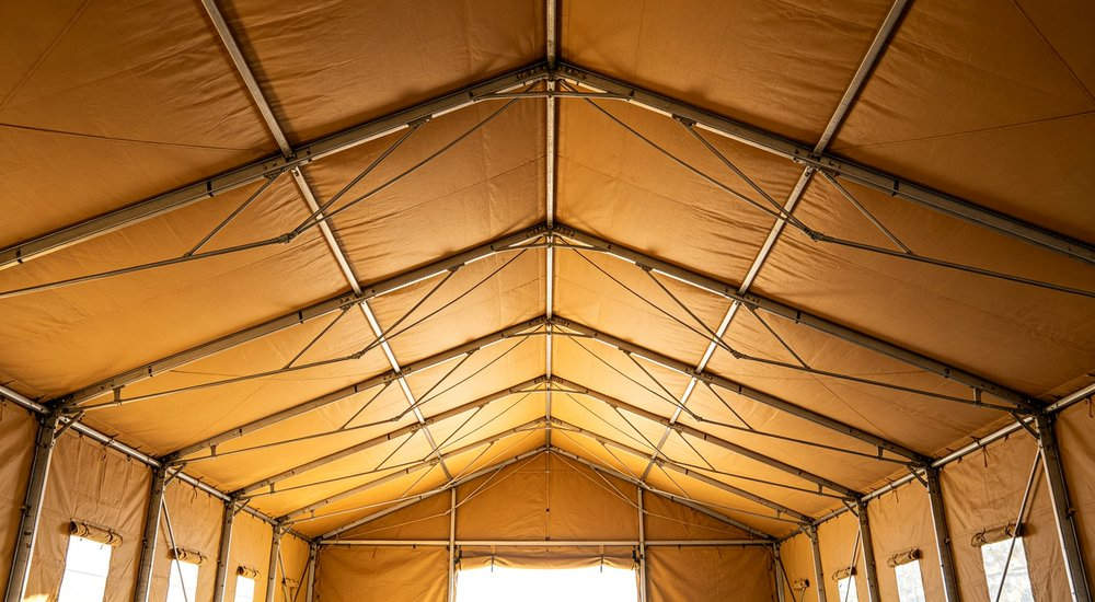 Field deployed emergency shelter showing robust frame construction waterproof material and practical design features meeting international standards for disaster response and refugee accommodation
