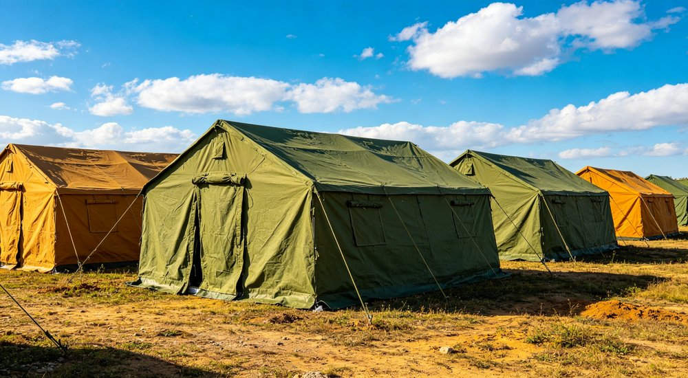 Professional emergency relief tent photographed in field deployment showing sturdy construction waterproof fabric and steel frame design suitable for disaster response and humanitarian aid operations