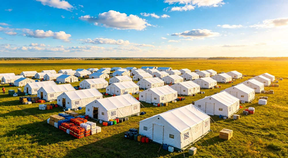 Large emergency shelter tent installed at disaster relief site providing weatherproof accommodation for affected populations with reinforced structure and quality materials visible