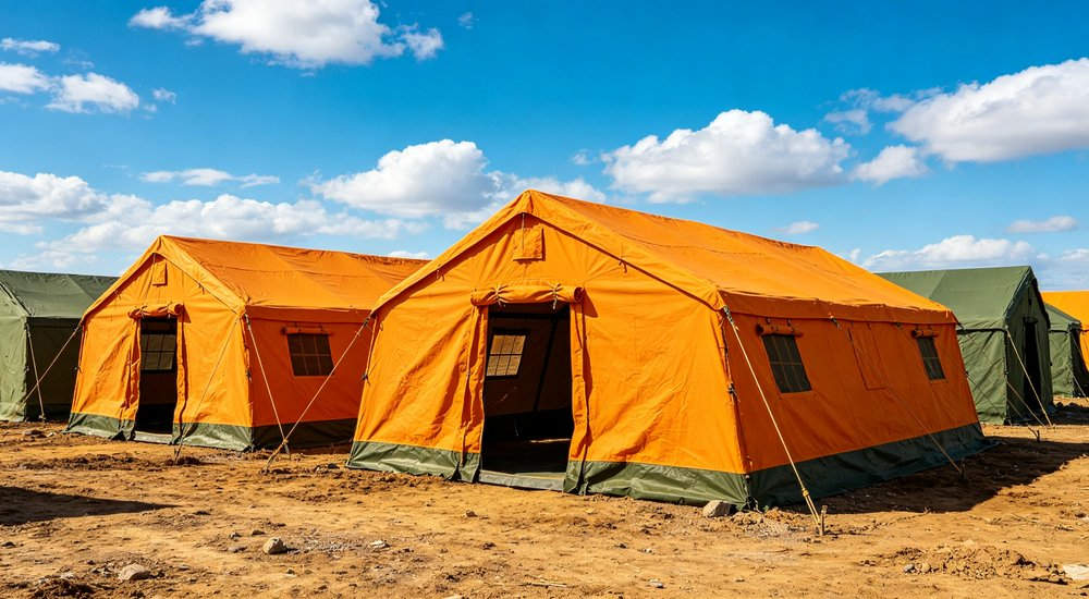 Large emergency shelter tent installed at disaster relief site providing weatherproof accommodation for affected populations with reinforced structure and quality materials visible