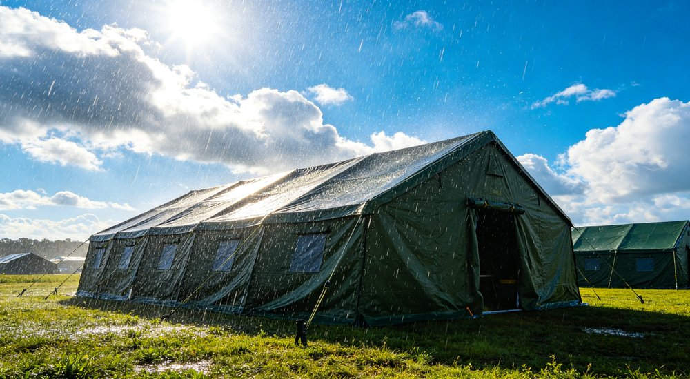 Heavy duty emergency frame tent displayed in operational setting demonstrating quick setup capability durable canvas exterior and spacious interior capacity for humanitarian relief missions
