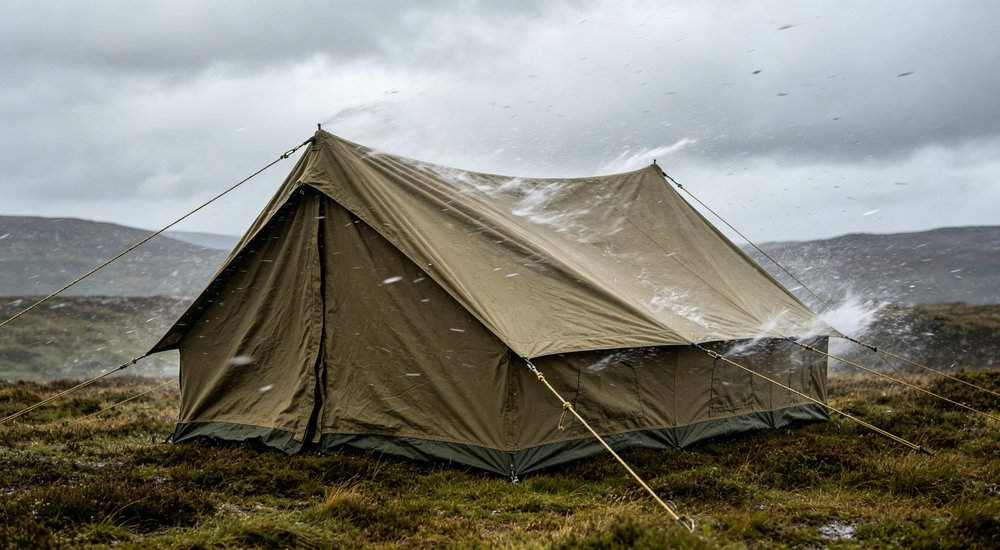 Emergency response tent captured during active deployment showing professional grade construction wind resistant frame and waterproof covering designed for long term use in challenging field conditions