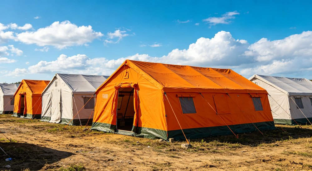 Heavy duty emergency frame tent displayed in operational setting demonstrating quick setup capability durable canvas exterior and spacious interior capacity for humanitarian relief missions