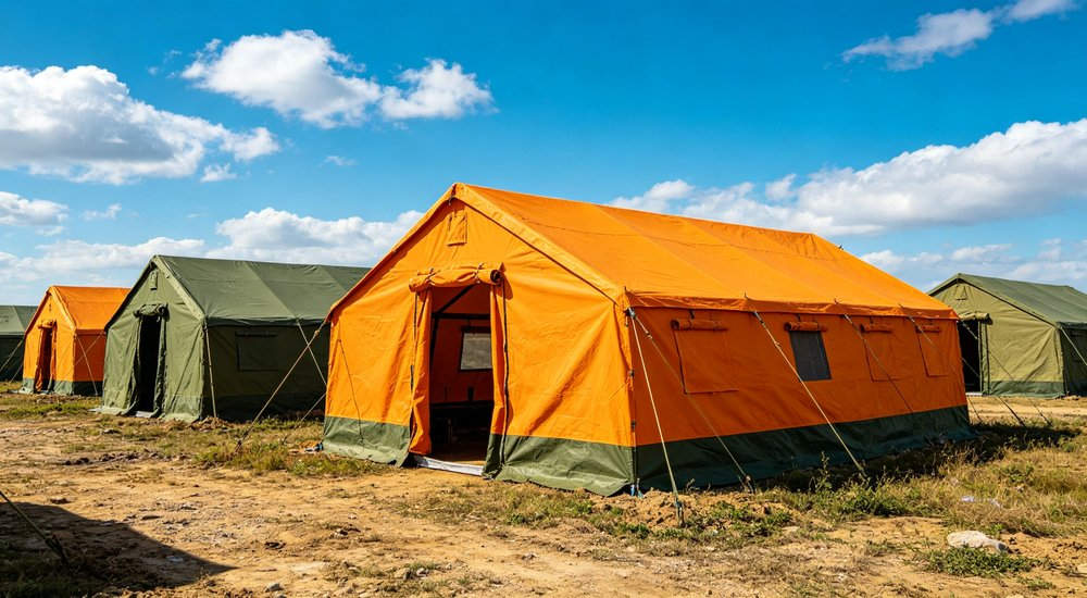 Humanitarian relief tent photographed at aid distribution camp providing reliable shelter with strong steel framework quality stitching and weather resistant fabric for disaster affected communities Humanitarian relief tent photographed at aid distribution camp providing reliable shelter with strong steel framework quality stitching and weather resistant fabric for disaster affected communities