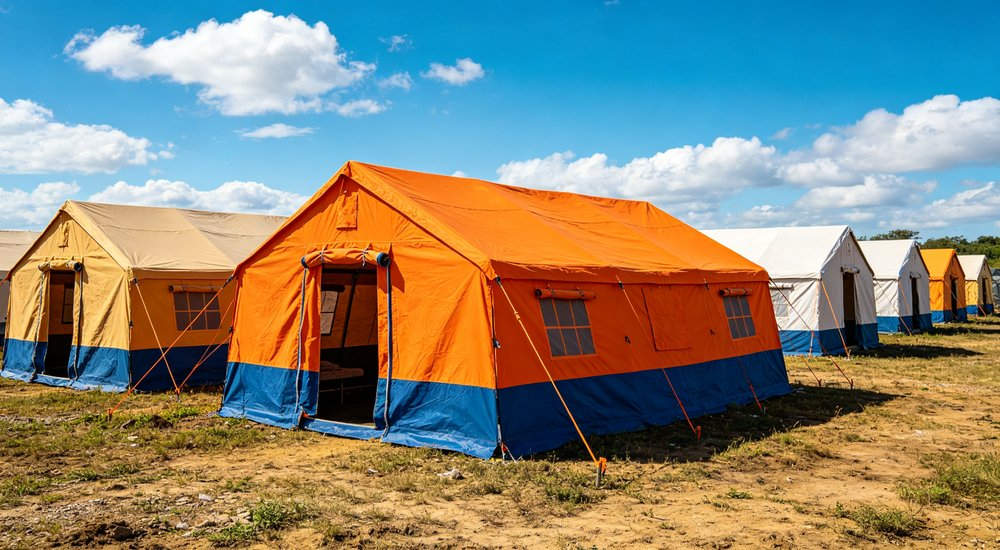 Emergency response tent captured during active deployment showing professional grade construction wind resistant frame and waterproof covering designed for long term use in challenging field conditions