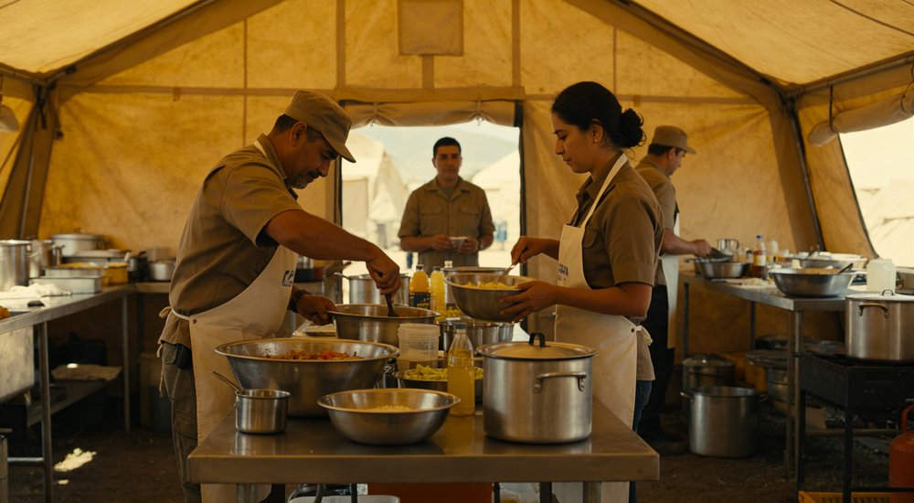 Humanitarian relief tent photographed at aid distribution camp providing reliable shelter with strong steel framework quality stitching and weather resistant fabric for disaster affected communities